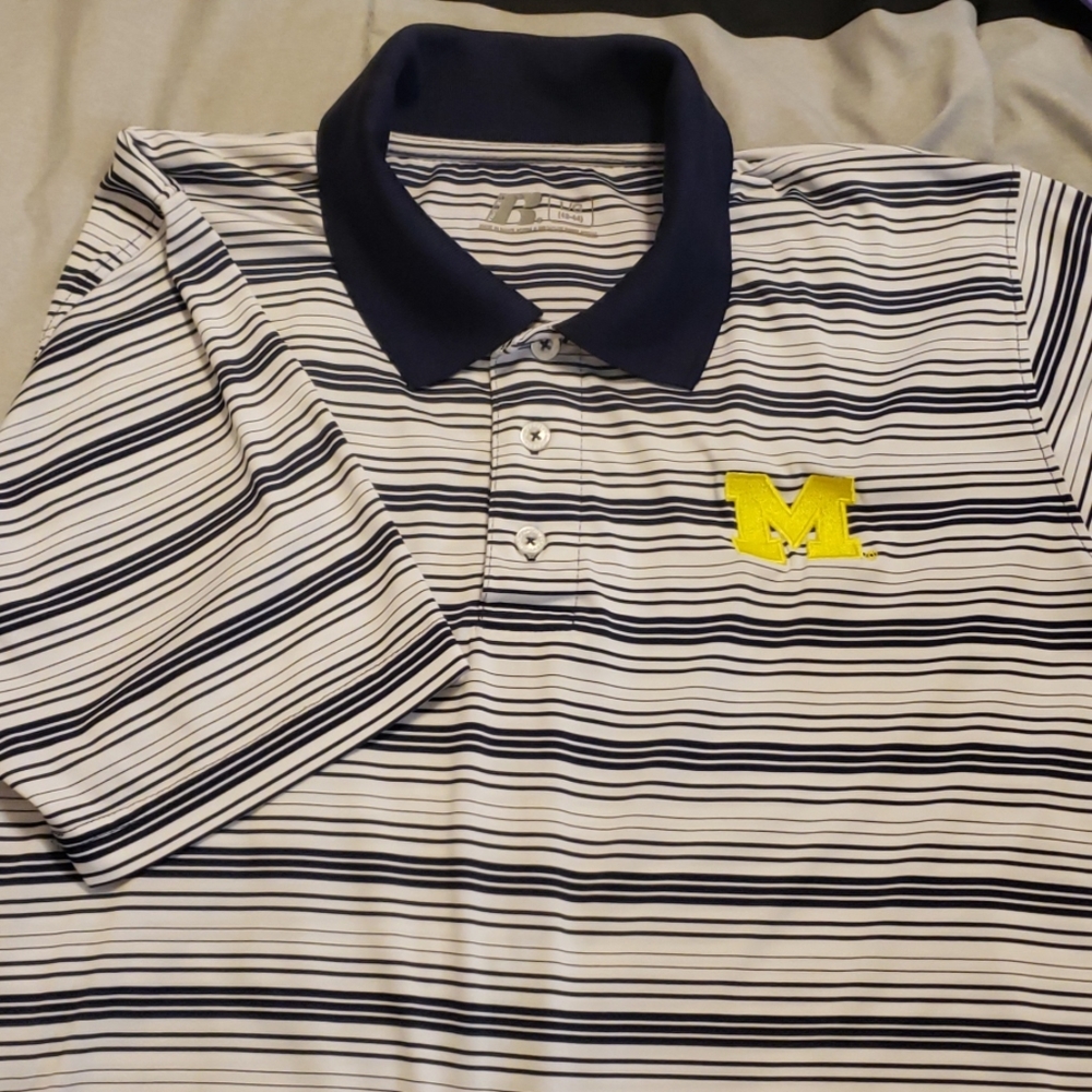 Blue and White stripes UofM short sleeve Polo
